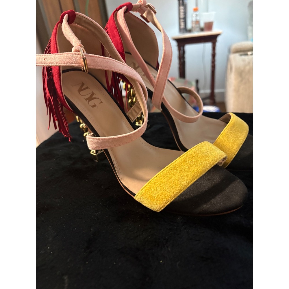 NUG Colorblock Fringe Gold Chain Heel Sandals Red Yellow Pink Womens 11
